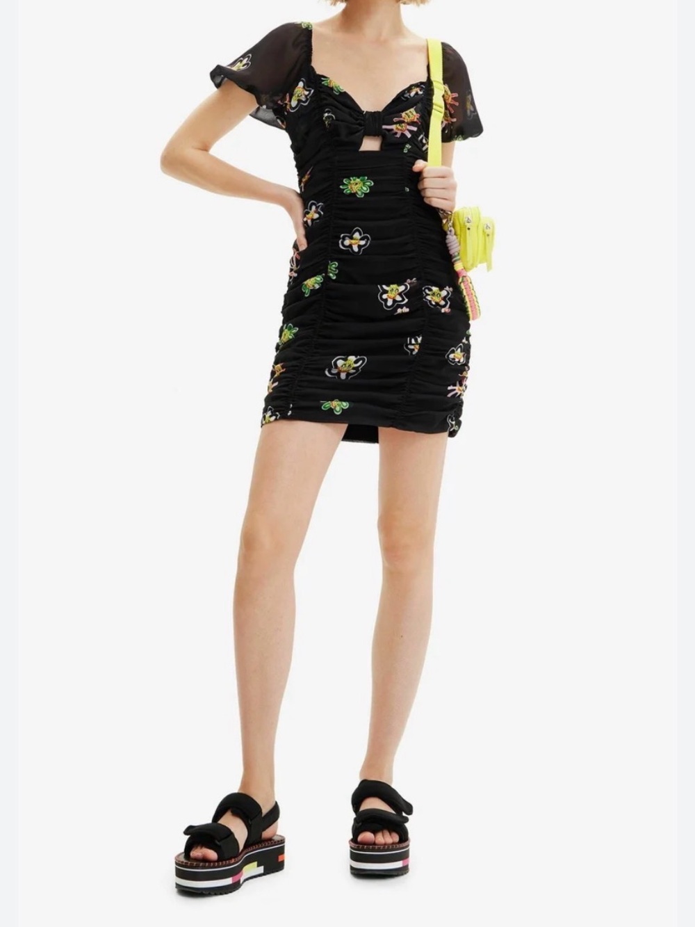 Desigual Black Mini Dress with Multicolor Floral Embroidery
